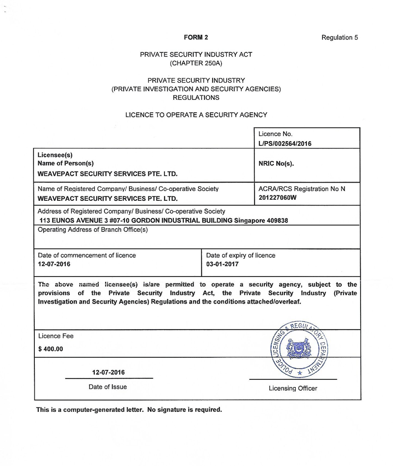 20160714 WSSPL Licence to Operate